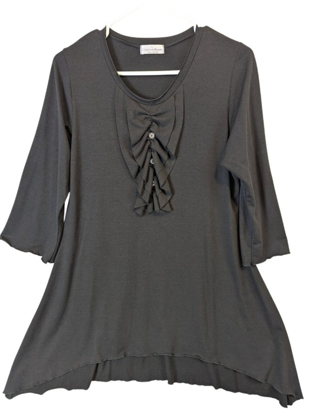 Vine Street Tunic Top L Black Ruffle Front 3/4 Sleeve Stretch High Low Hem Goth